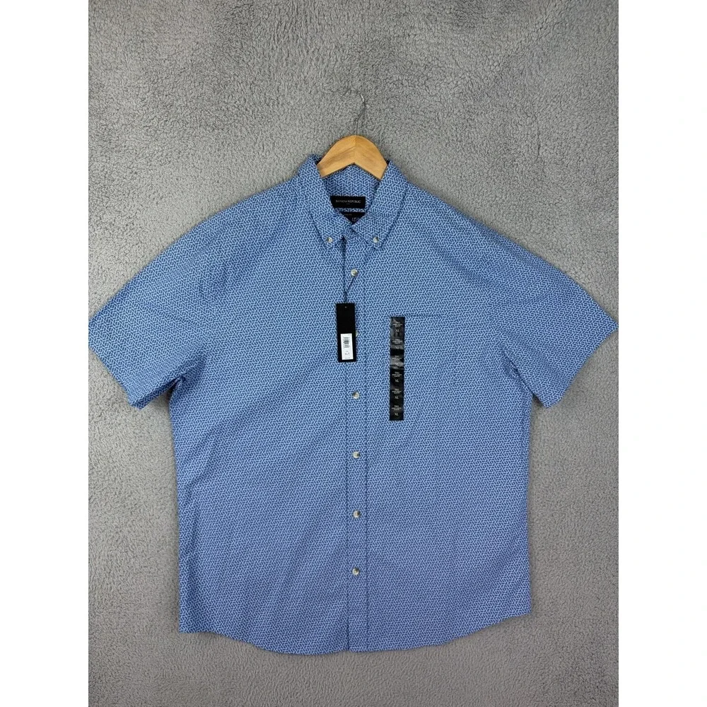 Banana Republic Shirt Mens XLT Blue Geometric Short Sleeve Button Front Slim New